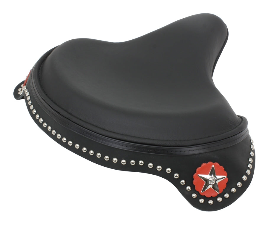 V-Twin Mfg. Black Leather Solo Seat With Studded Skirt For Harley 1936-1984