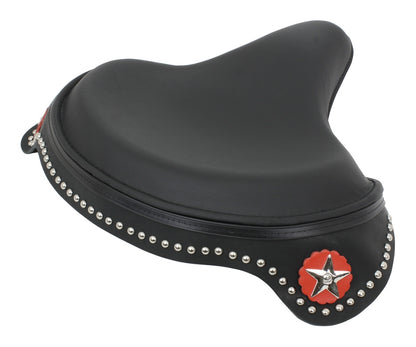  V-Twin Mfg. Black Leather Solo Seat With Studded Skirt For Harley 1936-1984